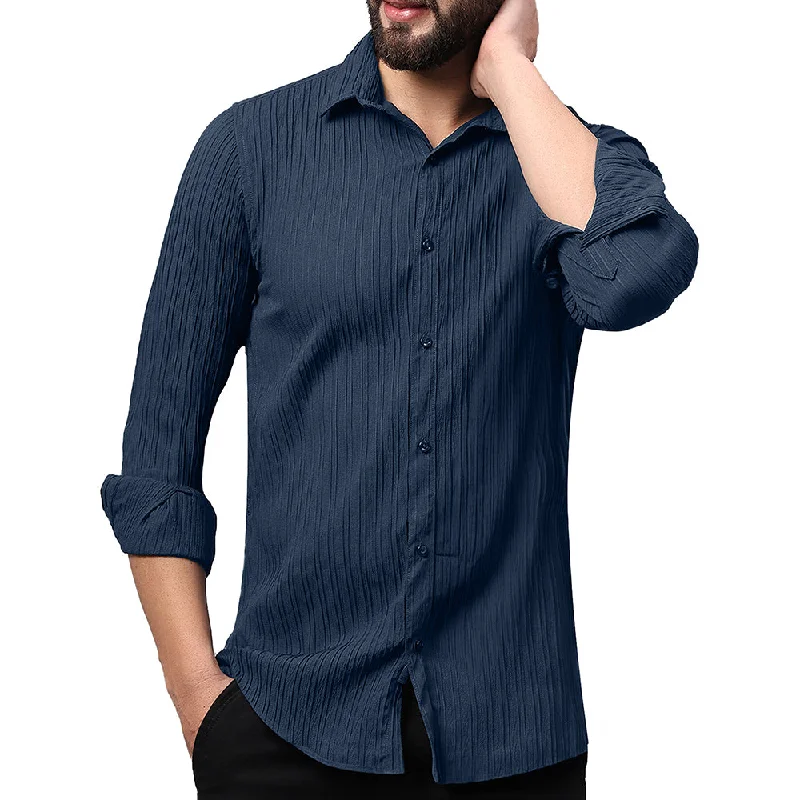 Price Rollback Crushed Self Stripe Navy Blue Shirt