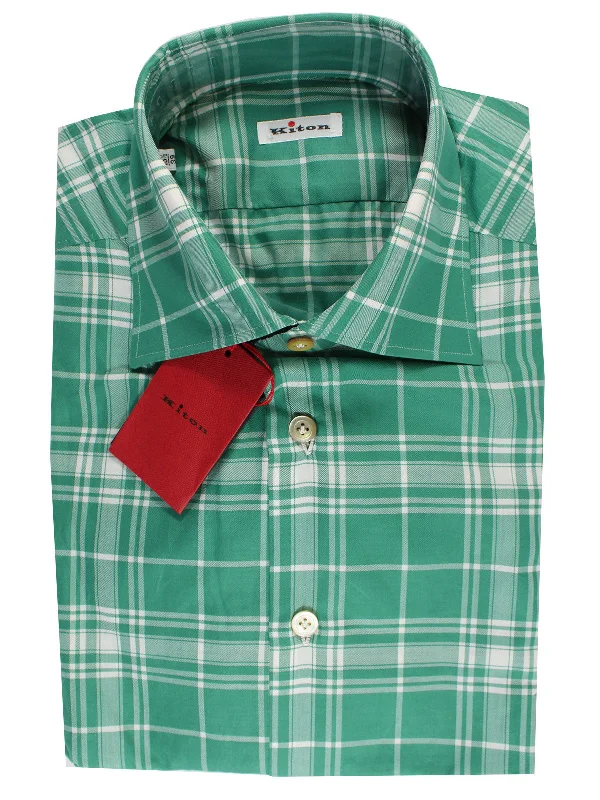 Super Discount Kiton Sport Shirt White Green Plaid 39 - 15 1/2 REDUCED SALE