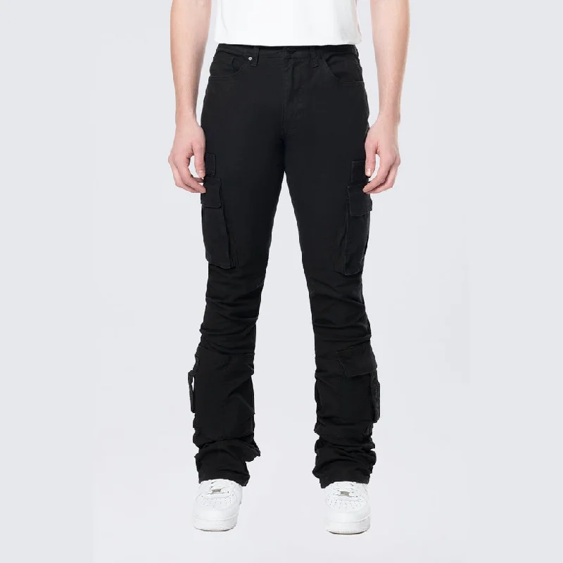 Great Deals Stacked Flared Cargo Strap Canvas Pants - Black