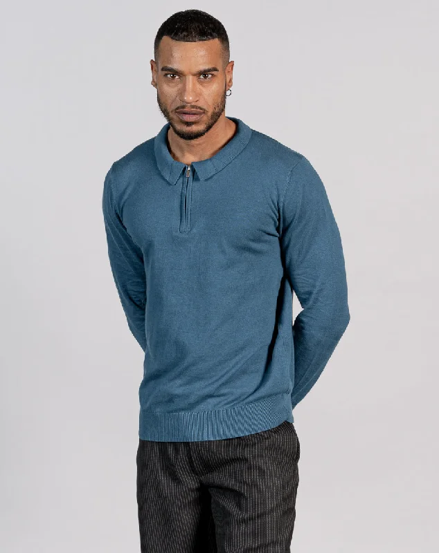 Final Markdown ESSENTIAL LONG SLEEVE ZIPPED POLO TOP - MID BLUE