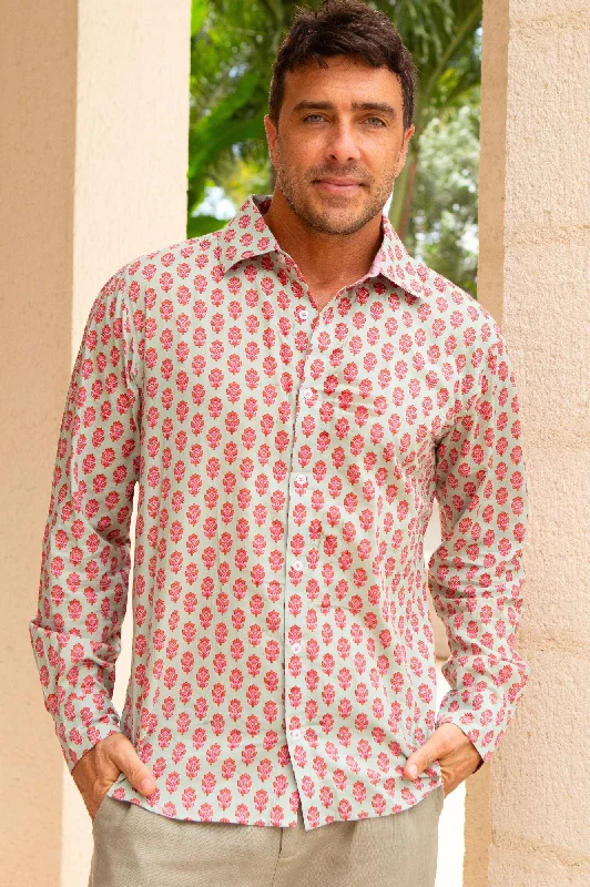 Weekend Discounts to Savor Men's Printed Cotton Shirt | Azalea Khaki/Pink