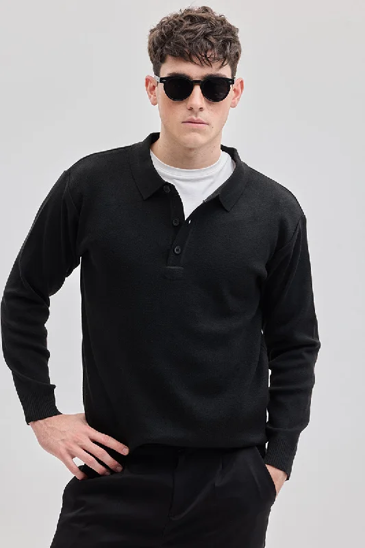 Price Rollback Black Knitted Polo Sweater
