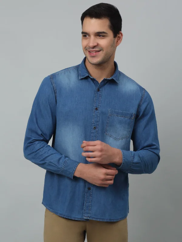 New Deal Men's Mid Blue Casual Denim Full Sleeve Shirt