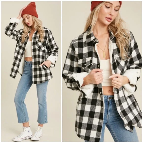 Epic Value Black Buffalo Plaid Sherpa Lined Shacket Shirt Jacket Womens