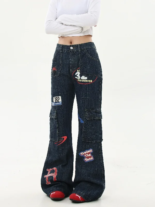 Year-End Clearance Graffiti Print Flared Cargo Jeans