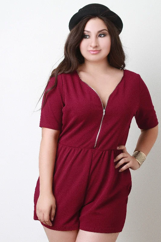 Weekend Bargains to Cherish Double Zipper Short Sleeve Romper