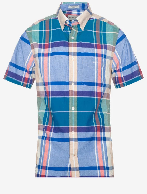Instant Savings Regualr Indian Madras Short Sleeve Shirt Rich Blue