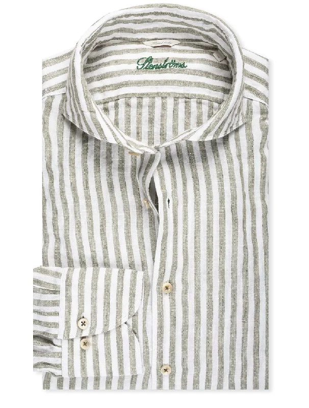 Great Deal Fitted Striped Linen Shirt Sage