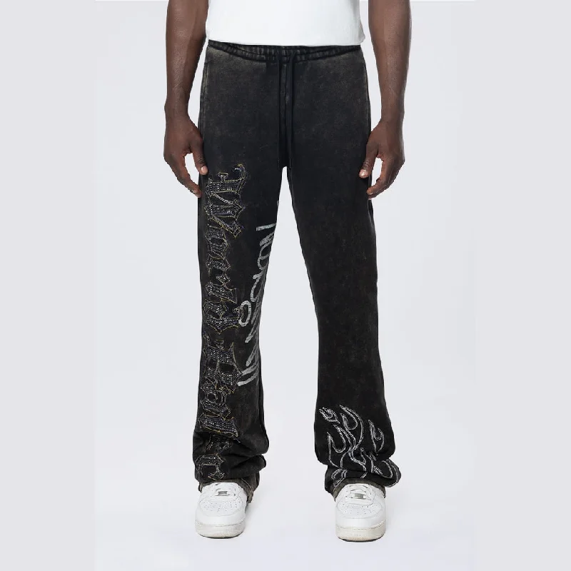 Limited Time Offer Stacked Rhinestone Dystopia Fleece Pants - Black