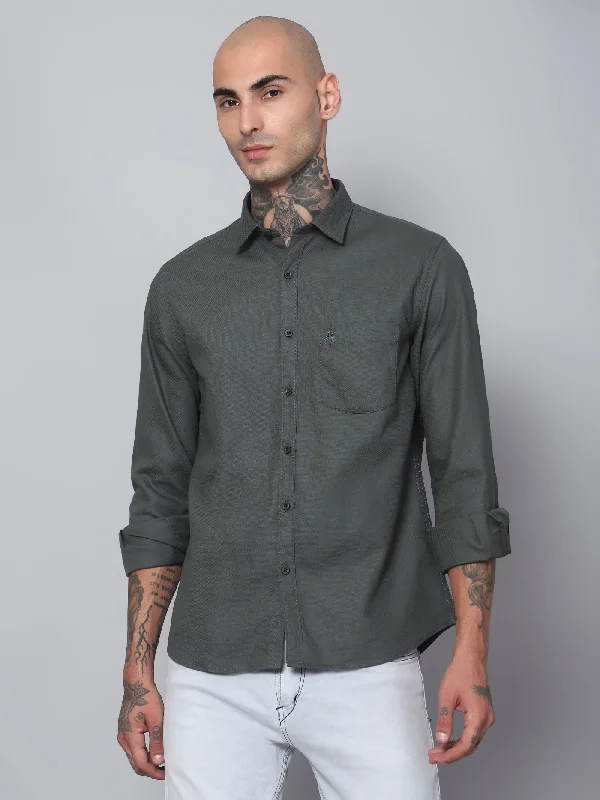 Fantastic Deals Men's Dark Olive Green Casual Plain Full Sleeve Shirt