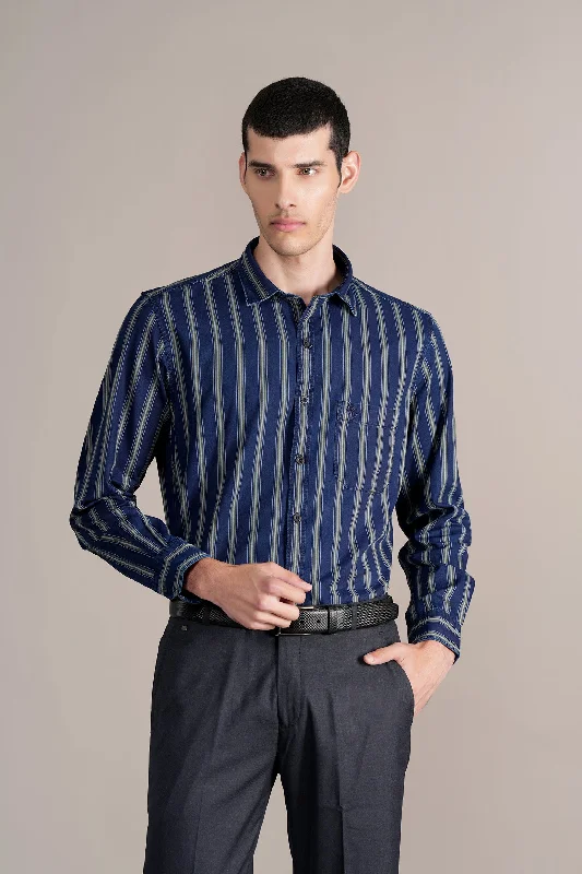 Referral Discount Men's Navy Striped Full Sleeves Casual Shirt