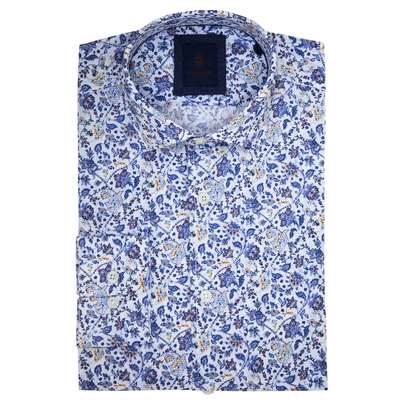 Weekend Steals Await Slim Fit White Shirt With Blue Floral Print