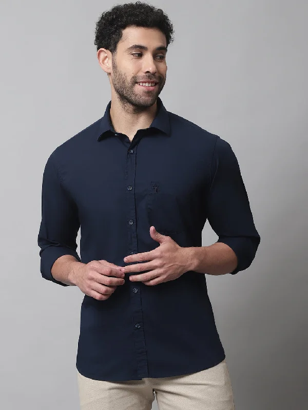 Act Now Men's Navy Blue Casual Plain Stretch Full Sleeve Shirt