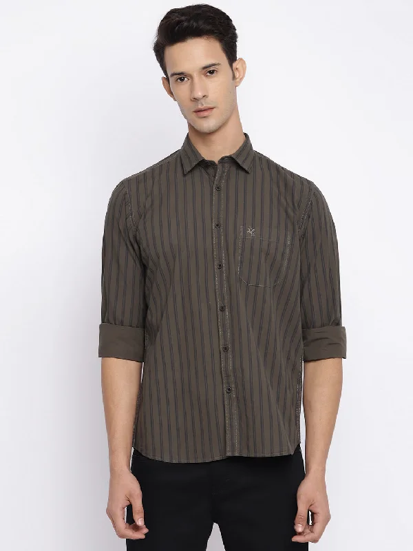 Today Only Men's Olive Green Casual Narrow Stripe Full Sleeve Shirt