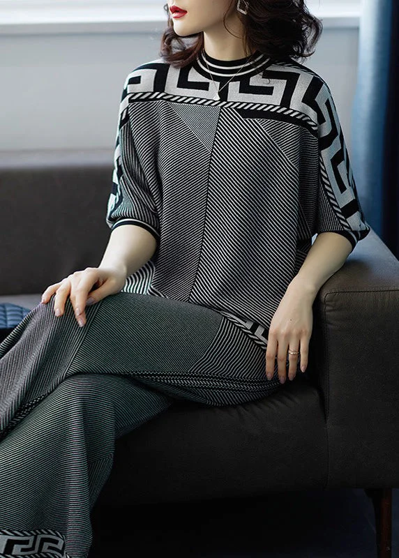Super Bargain Italian Grey Tops And Pants Striped Knit Two-Piece Set Spring