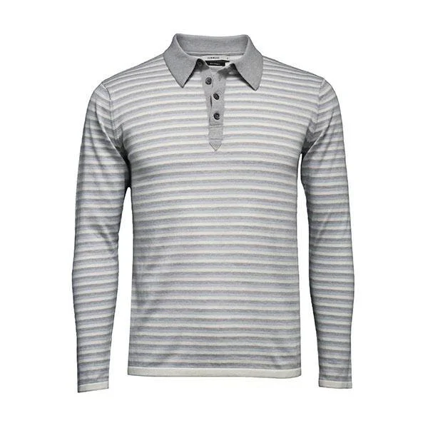 Midnight Madness Blue grey Striped Long Sleeve Polo Shirt
