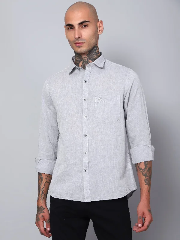 Now or Never Men's Light Grey Casual Plain Full Sleeve Shirt