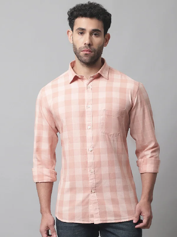 Pay Less Men's Light Peach Casual Medium Checks Full Sleeve Shirt