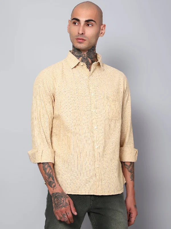 Weekend Deals to Brighten Your Day Men's Light Brown Casual Thin Stripe Full Sleeve Shirt