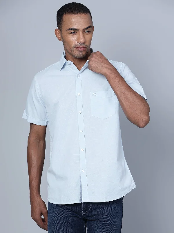Weekend Bargains to Celebrate Men's Light Blue Casual Plain Half Sleeve Shirt