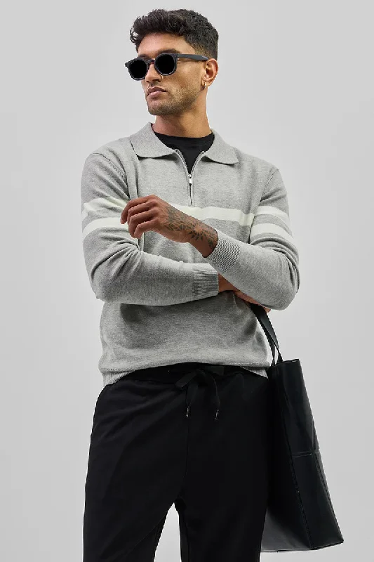 Time-Limited Offer Grey Stripes Polo Sweater