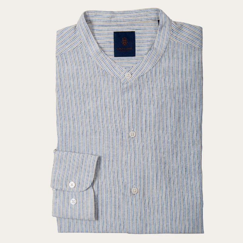 Midnight Sale Blue Slim Fit Linen Cotton Vintage Stripe Grandad Collar Shirt
