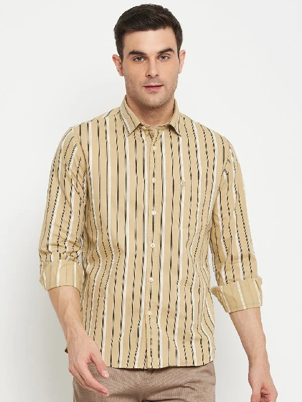Instant Discount Men's Khaki Casual Narrow Stripe Full Sleeve Shirt