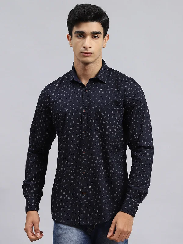 Massive Savings Men Navy Blue Printed Shirt