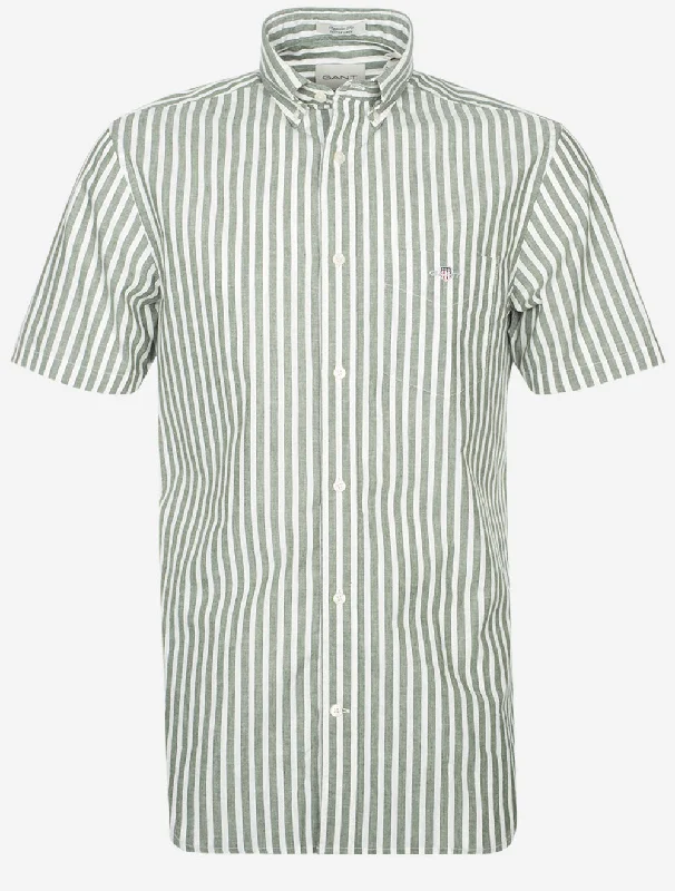 Deal Zone Regular Cotton Linen Stripe Short Sleeve Shirt Pine Green