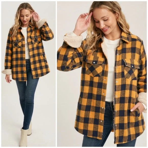 Mega Sale Mustard Buffalo Plaid Checkered Sherpa Lined Shacket Shirt Jacket Casual Womens