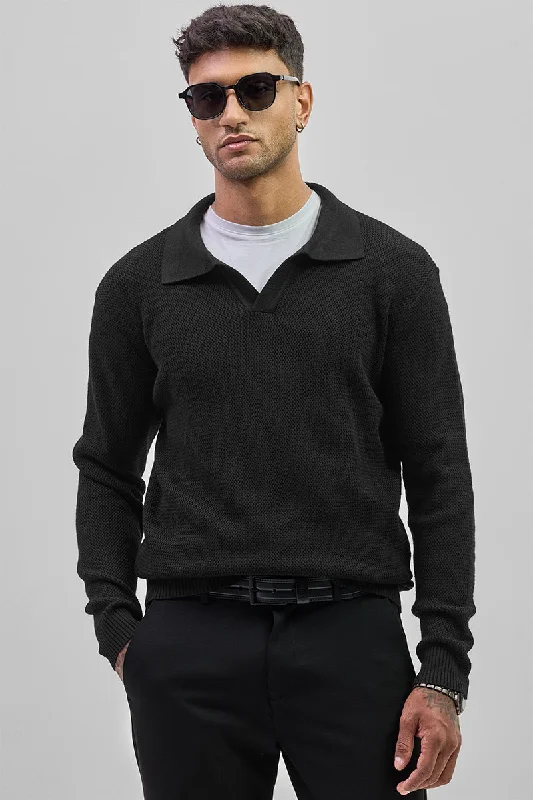 Early Access Black Knitted Polo Sweater