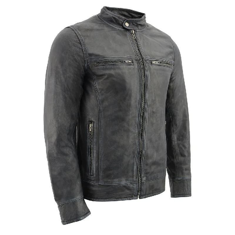 Weekend Savings Spectacular Milwaukee Leather SFM1830 Men's 'Cafe Racer' Triple Stitch Black and Grey Leather Jacket
