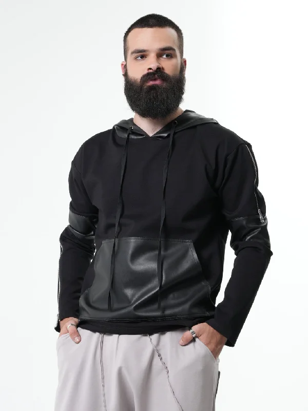 Weekend Deal Leather Hood Mens Sweatshirt
