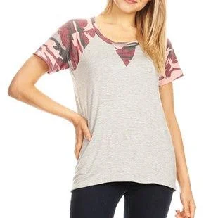 Flash Sale Solid Raglan Tee with Camo Print Short Sleeves