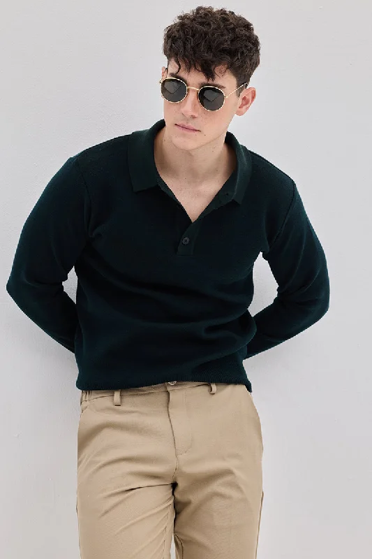 Huge Discounts Dark Green Knitted Polo Sweater