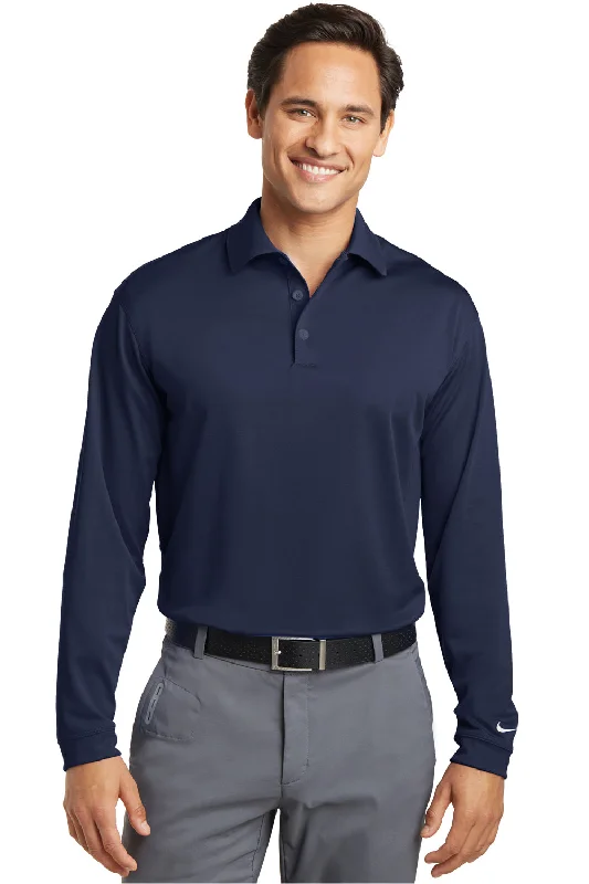 Half Price Nike Mens Stretch Tech Dri-Fit Moisture Wicking Long Sleeve Polo Shirt - Midnight Navy Blue