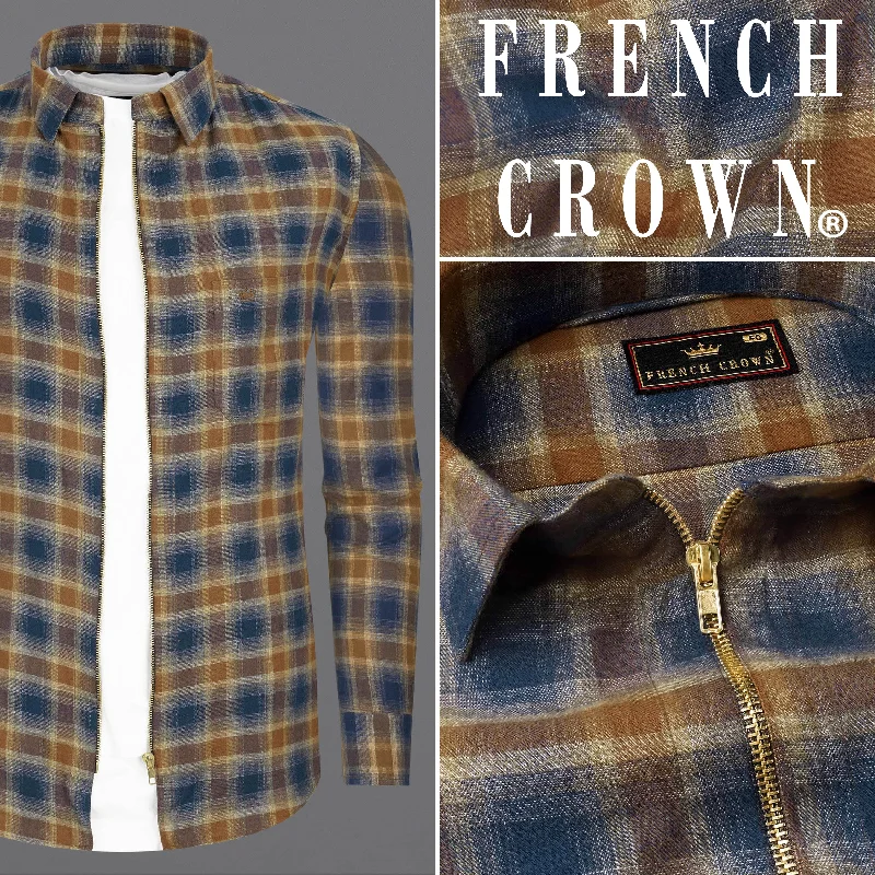 Weekend Discounts to Enjoy Korma Brown with Cloud Burst Blue Plaid Flannel zipper Overshirt/Shacket