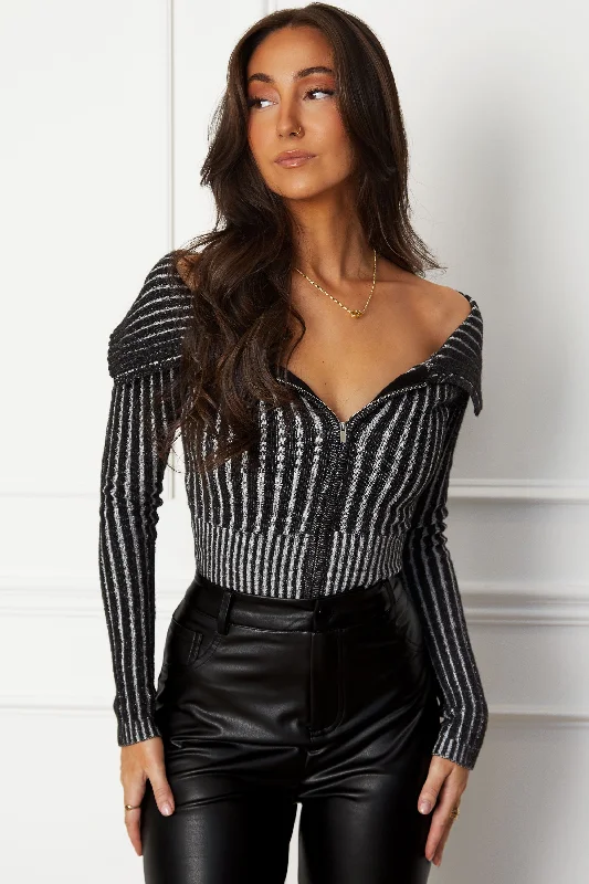 Clearance Sale Laurel Black Ribbed Zip Up Top