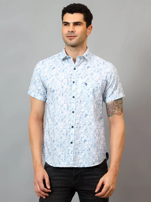 Weekend Discounts to Enjoy Men's Sky Blue Casual Floral Print Half sleeve Shirt