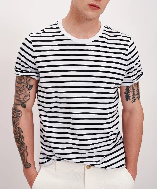 Weekend Discounts to Love Classic Jersey Stripe Short Sleeve Crew Neck Tee - White-Black